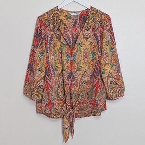 Peter Nygard Blouse Women Size 14 Pink Multicolor Button Front Tie Waist